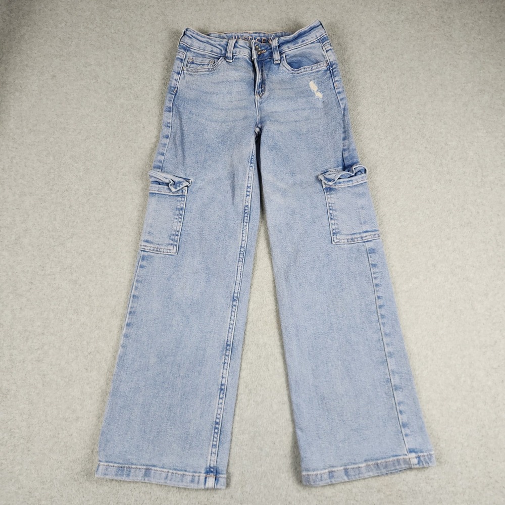 Justice Cargo Jeans Kids 10 Blue Denim Medium Wash Utility Relaxed Fit Wide Leg